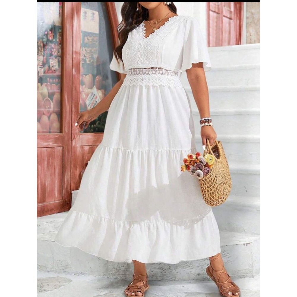 White Lace Cinching V-Neck Short Sleeve Maxi Dress Plus Size 2X